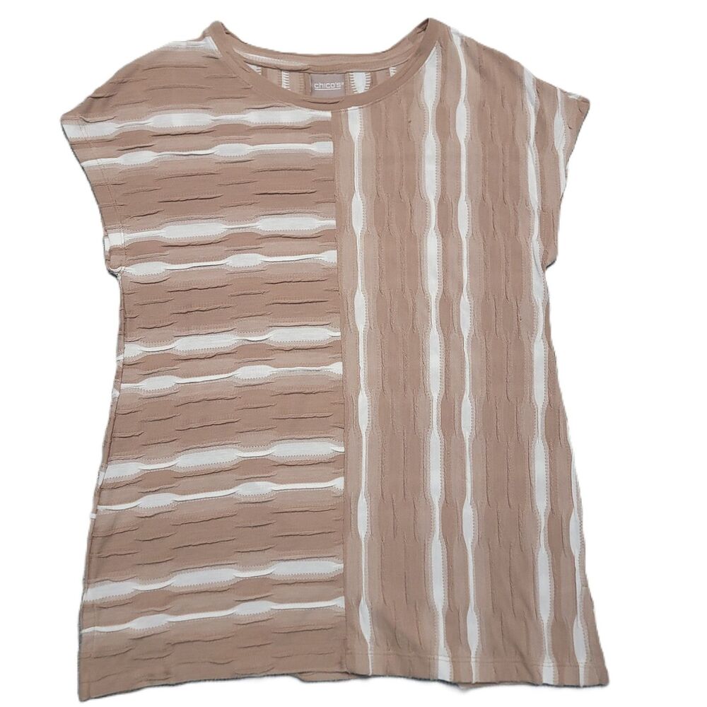Chico’s Textured Top Womens 0 Tan White Stripe Short Sleeve